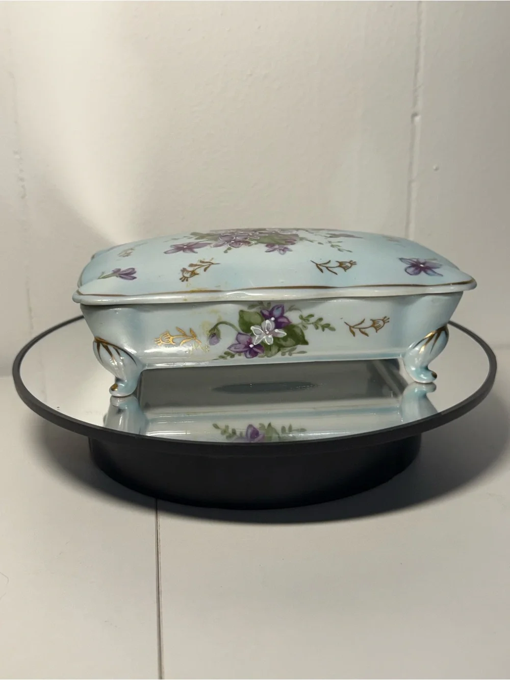 Vintage Hand Painted Porcelain Trinket Box Footed
